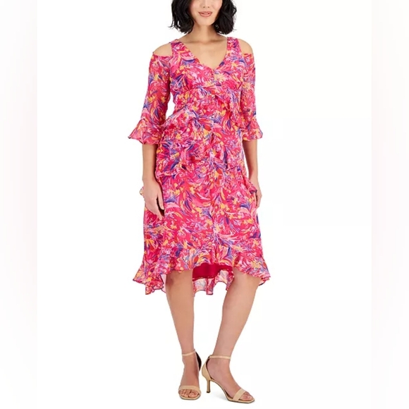 Tahari ASL Pink Printed Cold-Shoulder Asymmetric-Ruffle Dress NWT - Picture 1 of 16